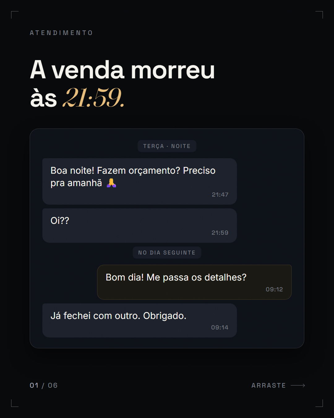 evento + hora exata ("A venda morreu às *21:59.*")