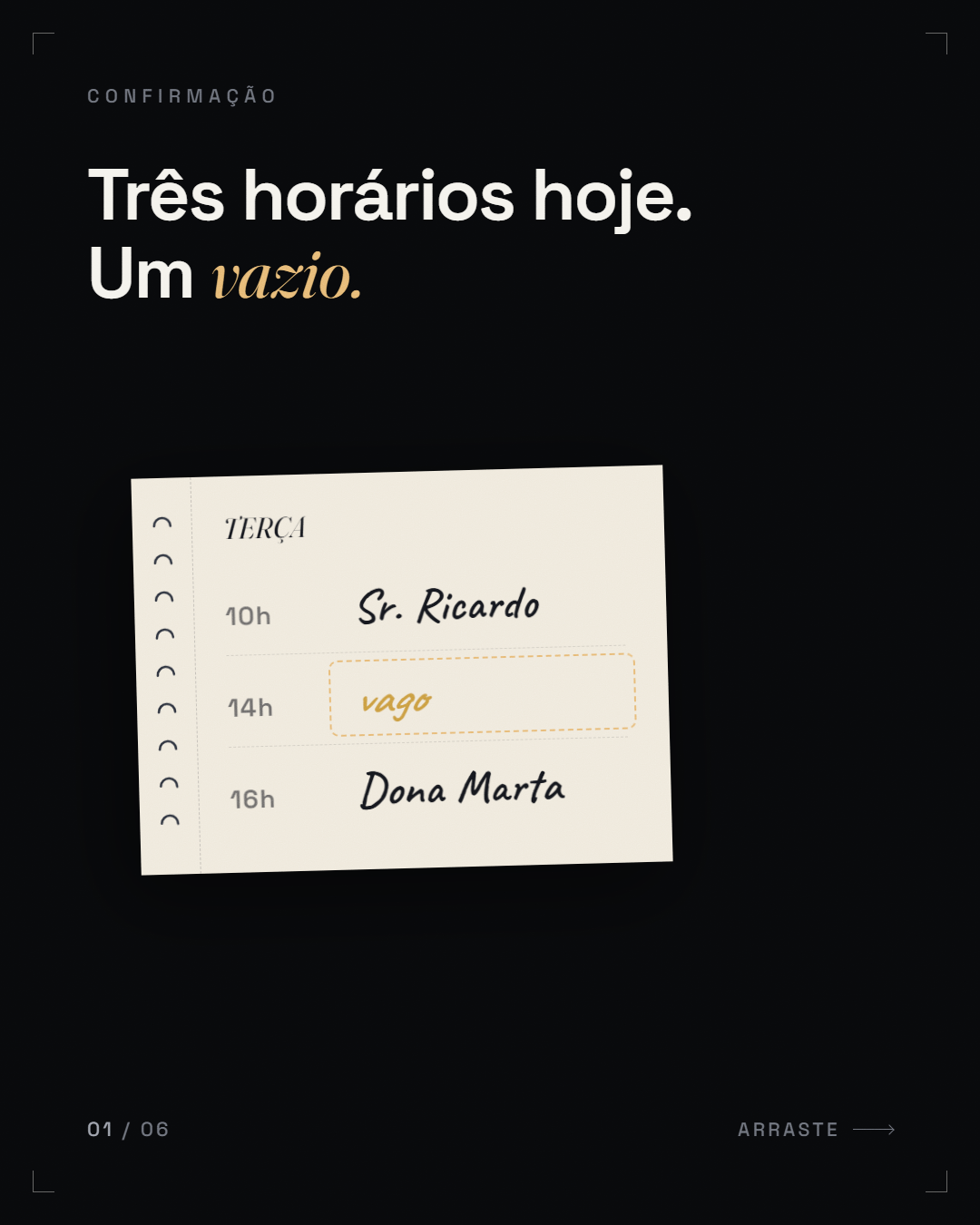 contagem + vazio ("Três horários hoje. Um *vazio*.")