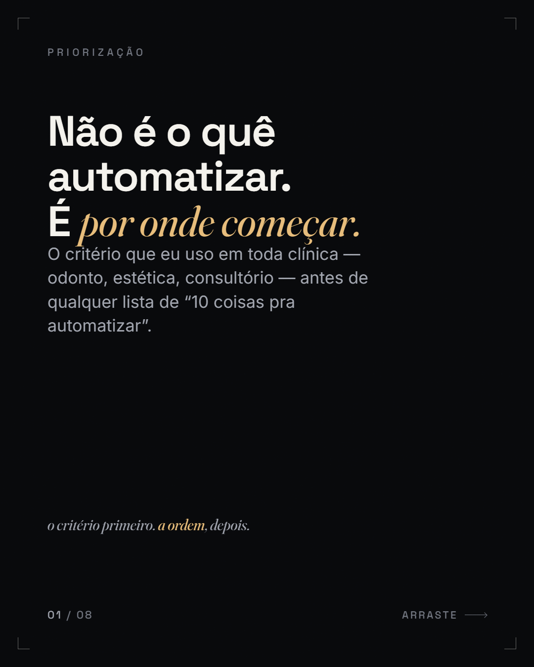 reformulação de pergunta ("Não é o quê automatizar. É *por onde começar.*")