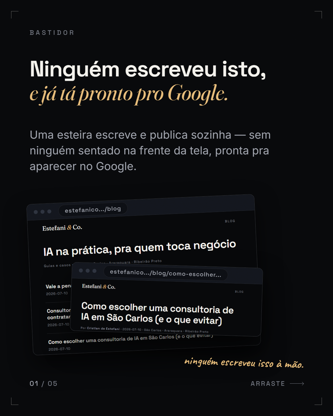 contraste + revelação ("Ninguém escreveu isto, e já tá pronto pro Google.")