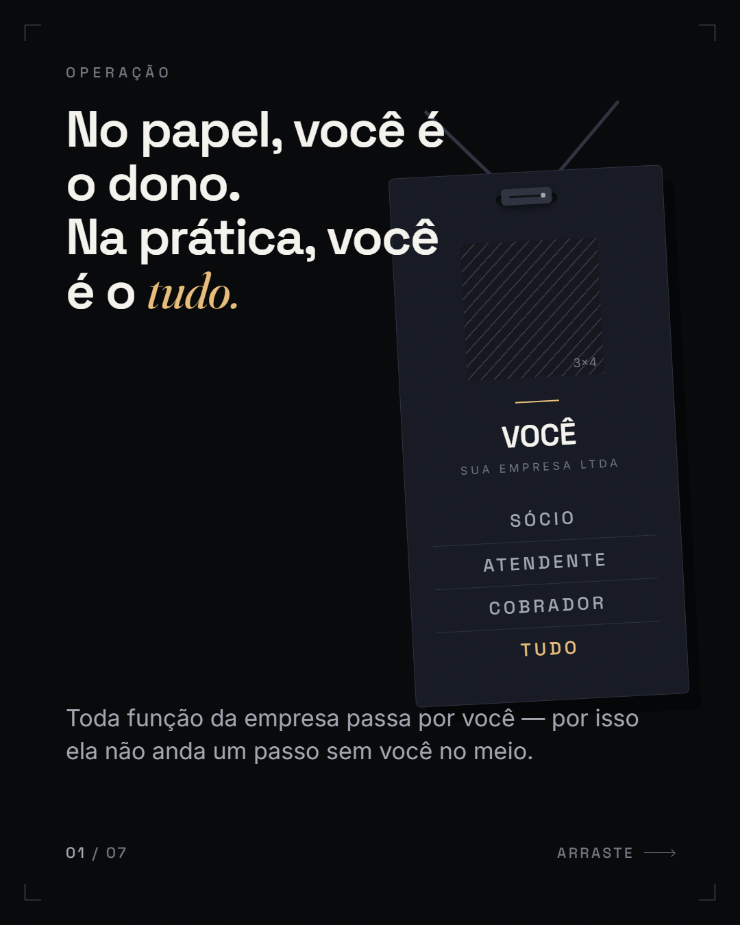"No papel você é o dono. Na prática, você é o *tudo.*"