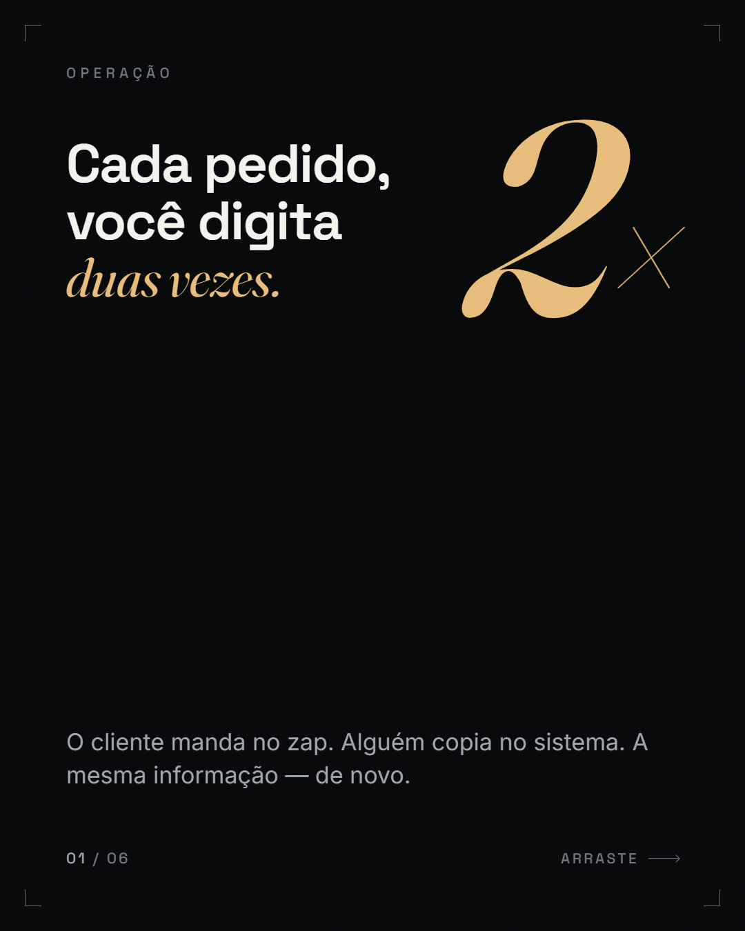 afirmação + multiplicador ("Cada pedido, você digita *duas vezes.*")