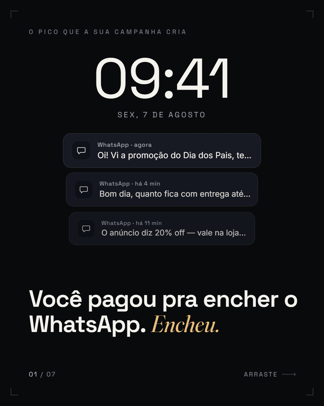 placar-ironia ("Você pagou pra encher o WhatsApp. *Encheu.*")